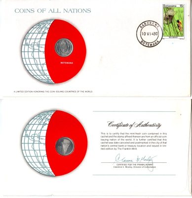 Ботсвана 1 тхебе 1976 конверт с маркой первого дня гашения, Coins of Nations KM 3 алюминий UNC 4294-23-2