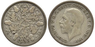 Великобритания 6 пенсов 1933 Георг V (1910-1936) KM 832, Spink 4041 серебро 4538-353