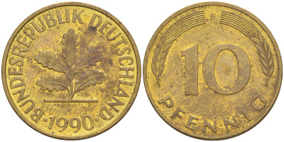 ФРГ 10 пфеннигов 1990 F KM 108, J. 383 сталь плакированная латунью 3459-126