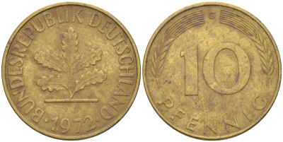 ФРГ 10 пфеннигов 1972 G KM 108, J. 383 сталь плакированная латунью 56-827