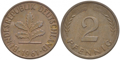 ФРГ 2 ПФЕННИГА 1961 J KM 106, J.381 бронза 3718-358