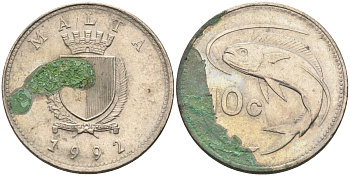 Мальта 10 центов 1992 золотая макрель KM 96 медно-никель 4588-241