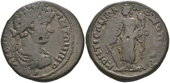 Римская Империя, Провинция Вифиния, Кратея-Флавиополь АЕ 211 - 217 Каракалла, бюст императора / Тихе с корабельным рулем и рогом Изобилия, 12,24 гр, RRR медь 1073-22-35