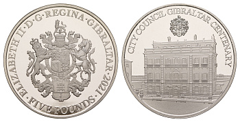 Гибралтар 5 фунтов 2021 100 лет городскому совету Гибралтара KM NEW медно-никель  PROOF  1088-7-33