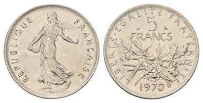 Франция 5 франков 1970 сеятель, тип Semeuse KM 926a.1, Le Franc 341.2 медно-никель плакированная никелем 3459-827