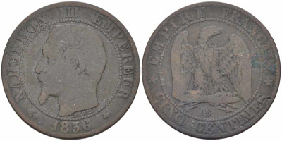 Франция 5 сантимов 1856 BB, Наполеон III (1852-1870) KM 777.3, LE FRANC 116.32 бронза 108-435