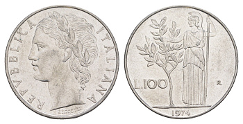 Италия 100 лир 1974 R, Афина у оливкого дерева KM 96.1 нержавеющая сталь 4529-316