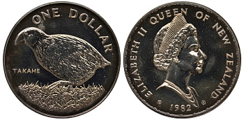 Новая Зеландия 1 доллар 1982 птица тукан, Елизавета II (1952-2022) KM 51 медно-никель UNC 4537-124