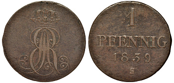 Ганновер 1 пфенниг 1839 S, Эрнст Август (1837-1851) KM 173.3, AKS 128, J. 54 медь 75-1422