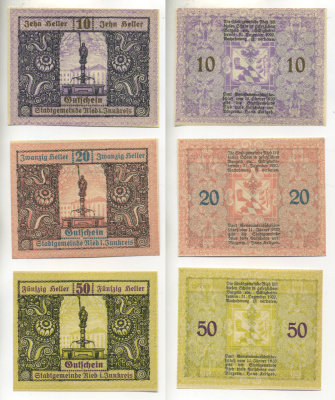 АВСТРИЯ НАБОР ИЗ 3 БАНКНОТ 1920 11 ЯНВАРЯ 1920-31 ДЕКАБРЯ 1920, НОТГЕЛЬД, 10, 20, 50 ГЕЛЛЕРОВ, RIED SCHEIN бумага aUNC 7203-40-2