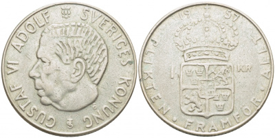 Швеция 1 крона 1957 TS, Густав VI Адольф (1950-1973) KM 826 серебро 175-1125