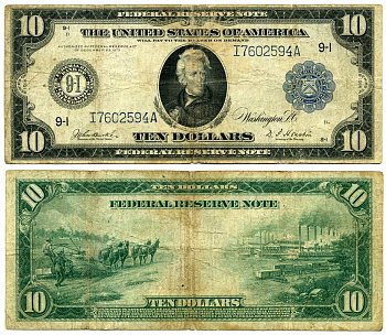 США 10 долларов 1914 серия 9-I, штат Миннесота, Миннеаполис, голубая серия, подпись BURKE-HUSTON Pick 360b бумага 451-188-1