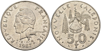 Французская Новая Каледония 50 франков 1987 хижина среди сосен и пальм, (IEOM) KM 13, Schoen 15, Lec 121 никель 4120-716