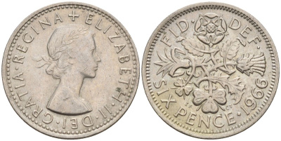 Великобритания 6 пенсов 1966 Елизавета II (1952-2022) KM 903, Spink 4149 медно-никель 4154-246