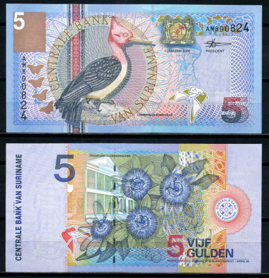 Суринам 5 гульденов 2000 птица Red-necked woodpecker, TDLR Pick 146 бумага UNC (пресс) 6285-46-3-2