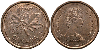 Канада 1 цент 1987 Елизавета II (1952-2022), кленовый лист KM 132 бронза 4549-367