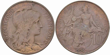 ФРАНЦИЯ 10 САНТИМОВ 1904 ТИП ДАНИЭЛЬ ДЮПЮИ KM 843, LA FRANC 136.14 бронза 109-221