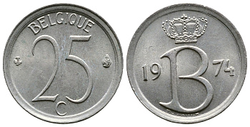БЕЛЬГИЯ 25 САНТИМОВ 1974 BELGIQUE KM 153.1 медно-никель 4110-1625