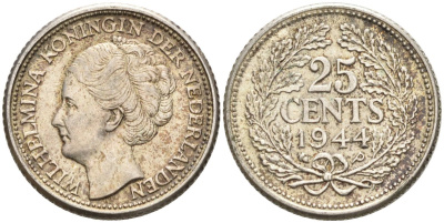 Нидерланды 25 центов 1944 Вильгельмина (1890-1948) KM 164 серебро 4576-754