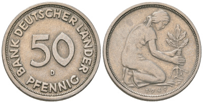 ФРГ 50 пфеннигов 1949 D KM 104 медно-никель 4164-533