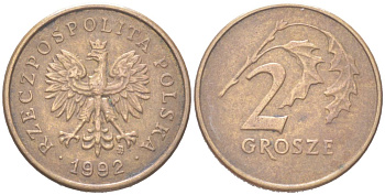 Польша 2 гроша 1992 Y 277 марганец латунь 4614-614