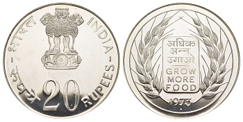 Индия 20 рупий 1973 ФАО - Выращивать больше еды, с вкладышем с полной информацией о монете KM 240 серебро BU 1083-4-54