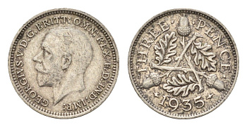 Великобритания 3 пенса 1935 Георг V (1910-1936) KM 831, Spink 4042 серебро 100-113
