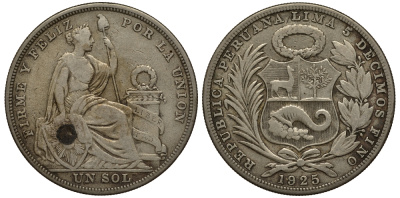 Перу 1 соль 1925 KM 218.1 серебро 272-841