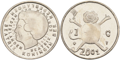 Нидерланды 1 гульден 2001 прощай гульден, детский рисунок, лев с флагом в руках KM 233 никель UNC 4116-115