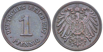 ГЕРМАНИЯ 1 ПФЕННИГ 1907 F KM 10, Jager. 10, Weege 2 медь 4528-1245