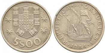 ПОРТУГАЛИЯ 5 ЭСКУДО 1984 ПАРУСНИК KM 591 медно-никель 87-1254