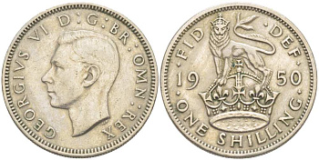 Великобритания 1 шиллинг 1950 Георг VI (1936-1952), Английский герб KM 876, Spink 4108 медно-никель 217-333