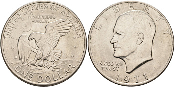 США 1 доллар 1971 Президент Эйзенхауэр, лунный орел KM 203 медь плакированная медно-никелем 35-213