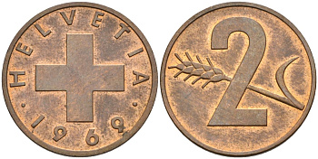 Швейцария 2 раппена 1969 KM 47 бронза 4543-413