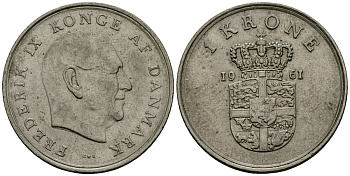 Дания 1 крона 1961 C; S, Фредерик IX (1947-1972) KM 851 медно-никель 4138-816