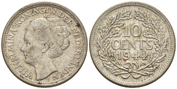 Нидерланды 10 центов 1944 Вильгельмина (1890-1948) KM 163 серебро aUNC 66-1251