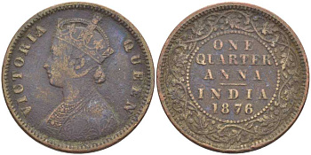 Британская Индия 1/4 анна 1876 Виктория (1837-1901), имперская чеканка KM 427 медь 119-157
