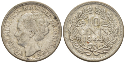 Нидерланды 10 центов 1944 Вильгельмина (1890-1948) KM 163 серебро aUNC 66-1251