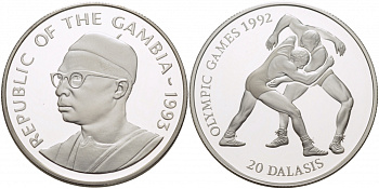 Гамбия 20 даласи 1993 Олимпийские игры 1992 года в Барселоне, борьба, тираж 40000 экз. KM 33 серебро PROOF 11-011-24
