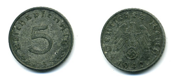 ГЕРМАНИЯ 5 РЕЙХСПФЕННИГОВ 1942 A, KM 100, J. 370 цинк 54-443