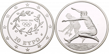 Греция 10 евро 2003 XXVIII летние Олимпийские игры 2004 года в Афинах, прыжки в длину KM 194 серебро PROOF 1088-4-21