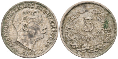 Люксембург 5 сантимов 1901 герцог Адольф (1890-1905) KM 24 медно-никель 4585-759