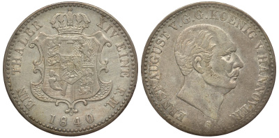 БРАУНШВЕЙГ-КАЛЕНБЕРГ-ГАННОВЕР 1 ТАЛЕР 1840 S, редкий КМ 193, Jaeger 68 Thun 161 AKS 103 Kahnt 229 серебро 00-000-00