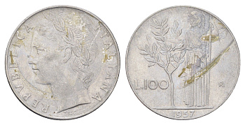 Италия 100 лир 1957 R, Афина в доспехах KM 96.1 нержавеющая сталь 4704-657