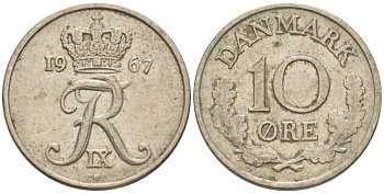Дания 10 эре 1967 C; S, Фредерик IX (1947-1972) KM 849.1 медно-никель 4387-969