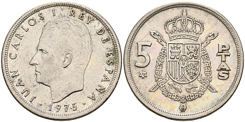 Испания 5 песет 1975 (78) Хуан Карлос I (1975-2014) KM 807 медно-никель    4143-237