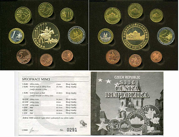 ЧЕХИЯ ЕВРОНАБОР ИЗ 9 МОНЕТ (С 5 ЕВРО) 2004 PROBA, ПРОБНИКИ PROOF 3-5-3