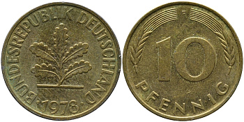 ФРГ 10 ПФЕННИГОВ 1978 F KM 108, J.383 сталь плакированная латунью 98-522