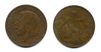 Великобритания 1 пенни 1920 Георг V (1910-1936) КМ 810, Spink 4051 бронза 47-444