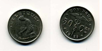 БЕЛЬГИЯ 50 САНТИМОВ 1923 BELGIQUE KM 87 никель 46-244